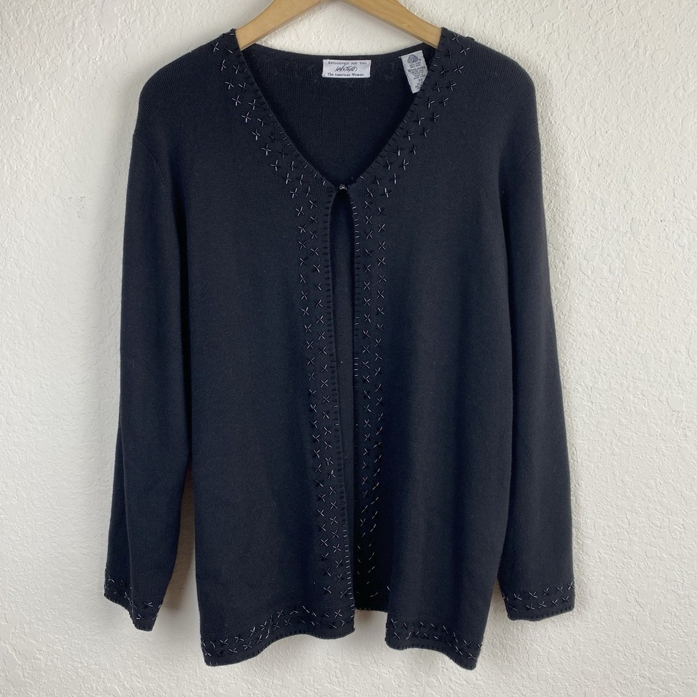 Vtg Lord & Taylor 3x Wool Cardigan Beaded Black Open Holiday Whimsigoth
